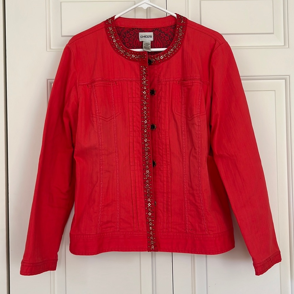 Chicos orange jacket with flecks of gold on trim